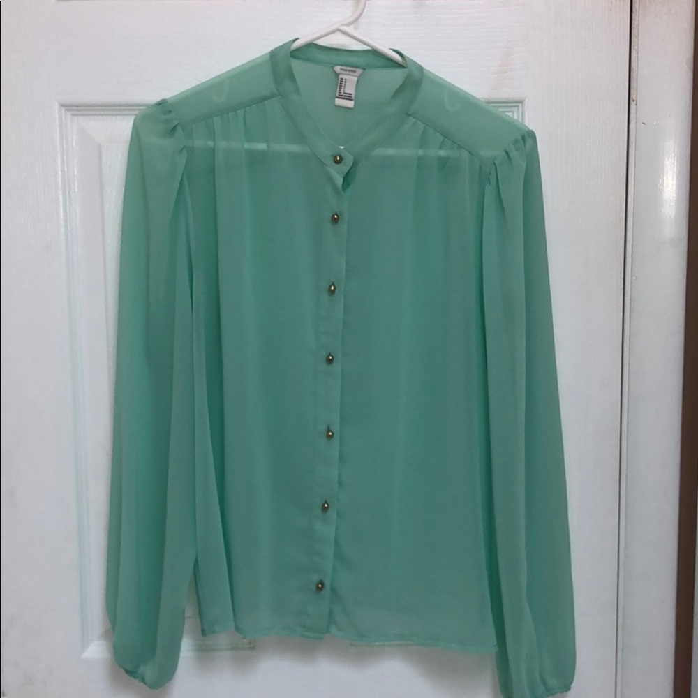 teal with gold buttons button-up